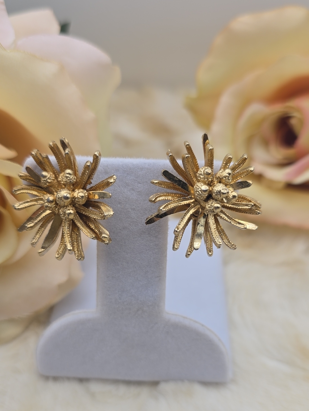 Vintage Coro Gold Starburst Clip On Earrings Floral MCM Statement Jewelry